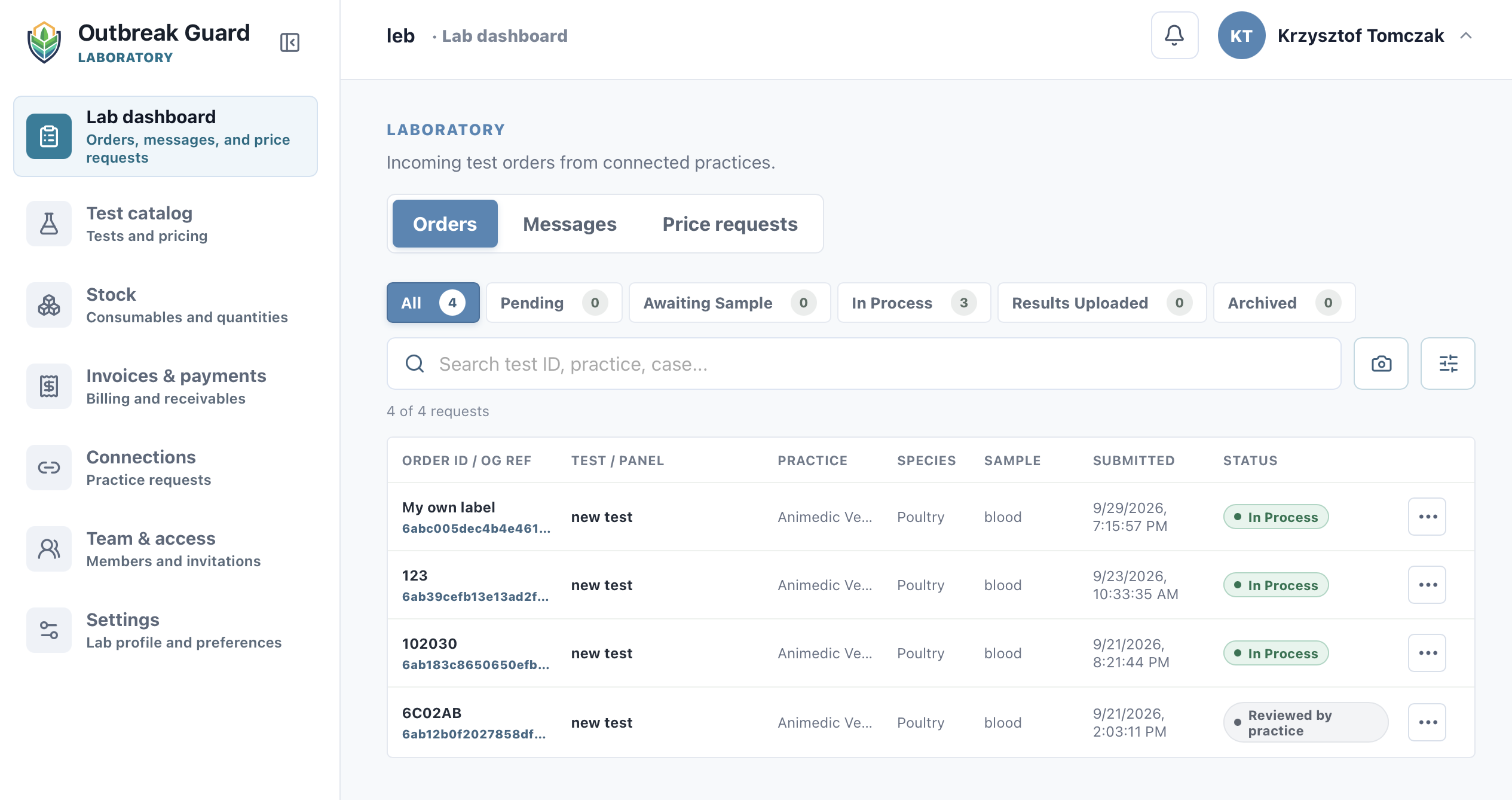 OutbreakGuard laboratory dashboard with incoming test orders and processing statuses